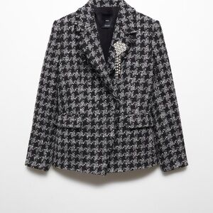 Mango Black & White Houndstooth Tweed Blazer with Brooch